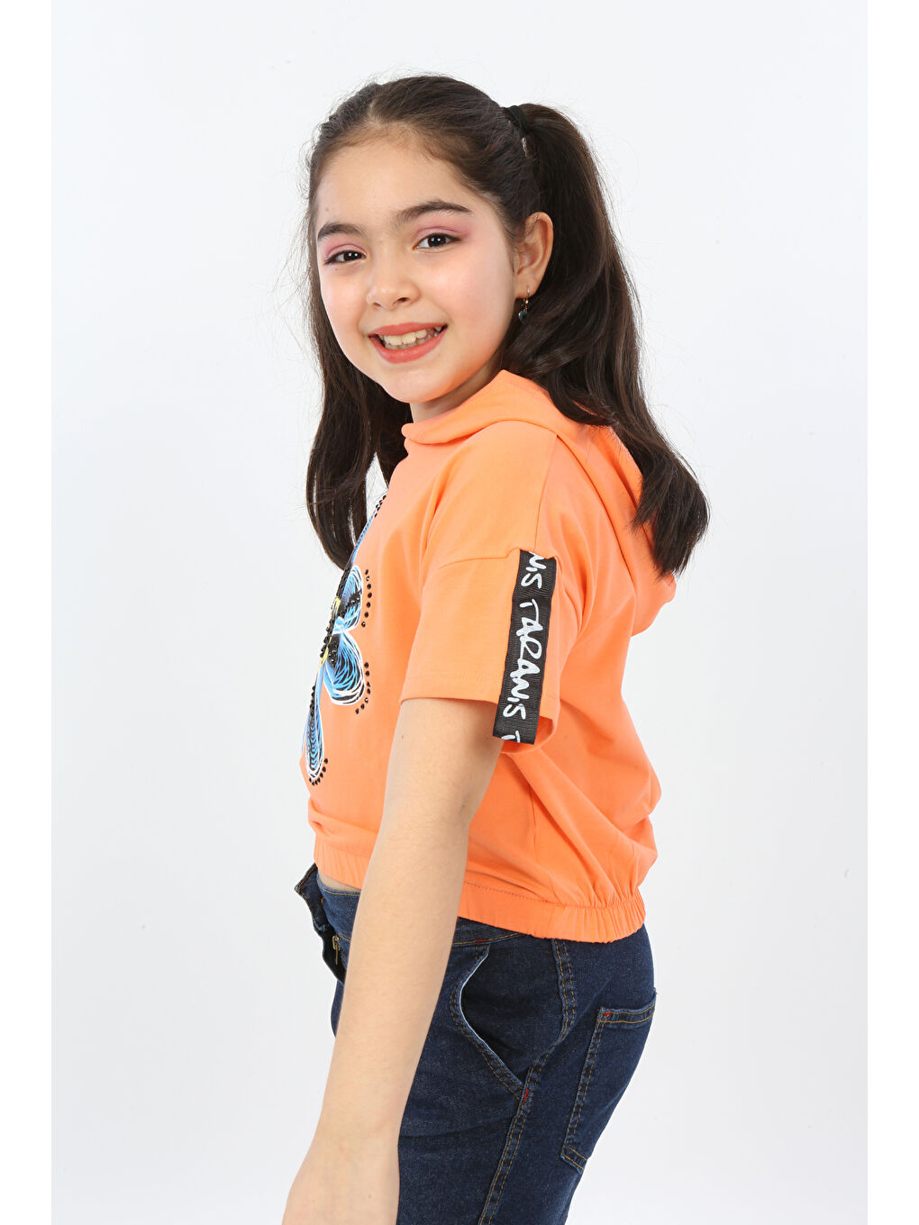 Turuncu Kız Çocuk Önü Çiçek Baskılı Tişört-3
