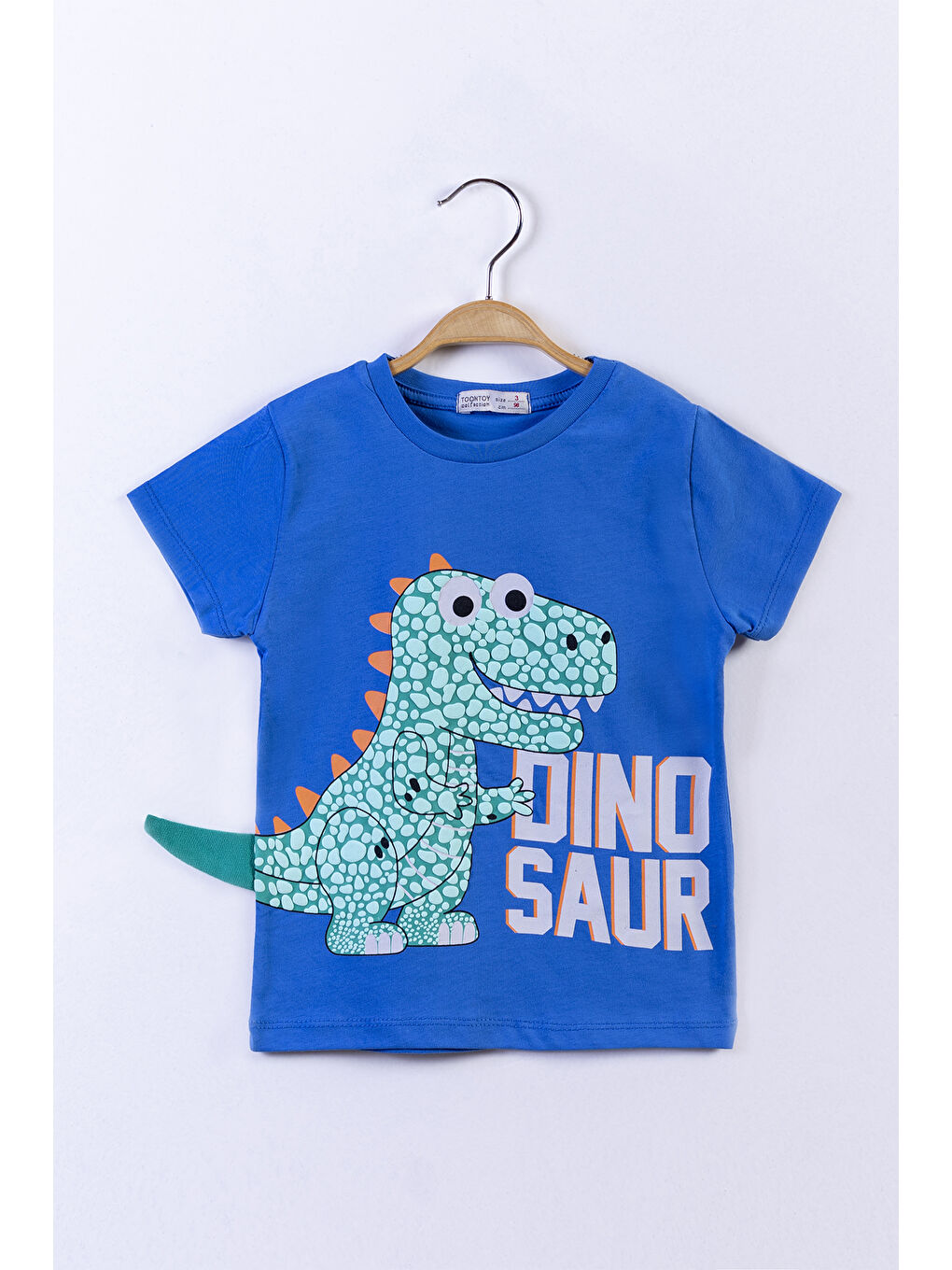 Mavi Erkek Çocuk Kabartmalı Dinozor Baskılı Tişört