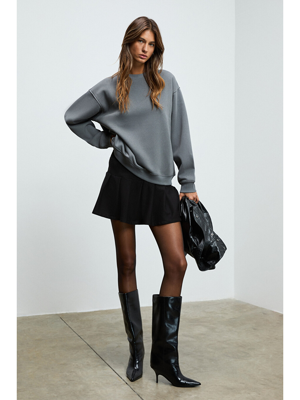 Karıus Kadın Organik Pamuklu İçi Polarlı Oversize Yuvarlak Yakalı Gri Sweatshirt-4