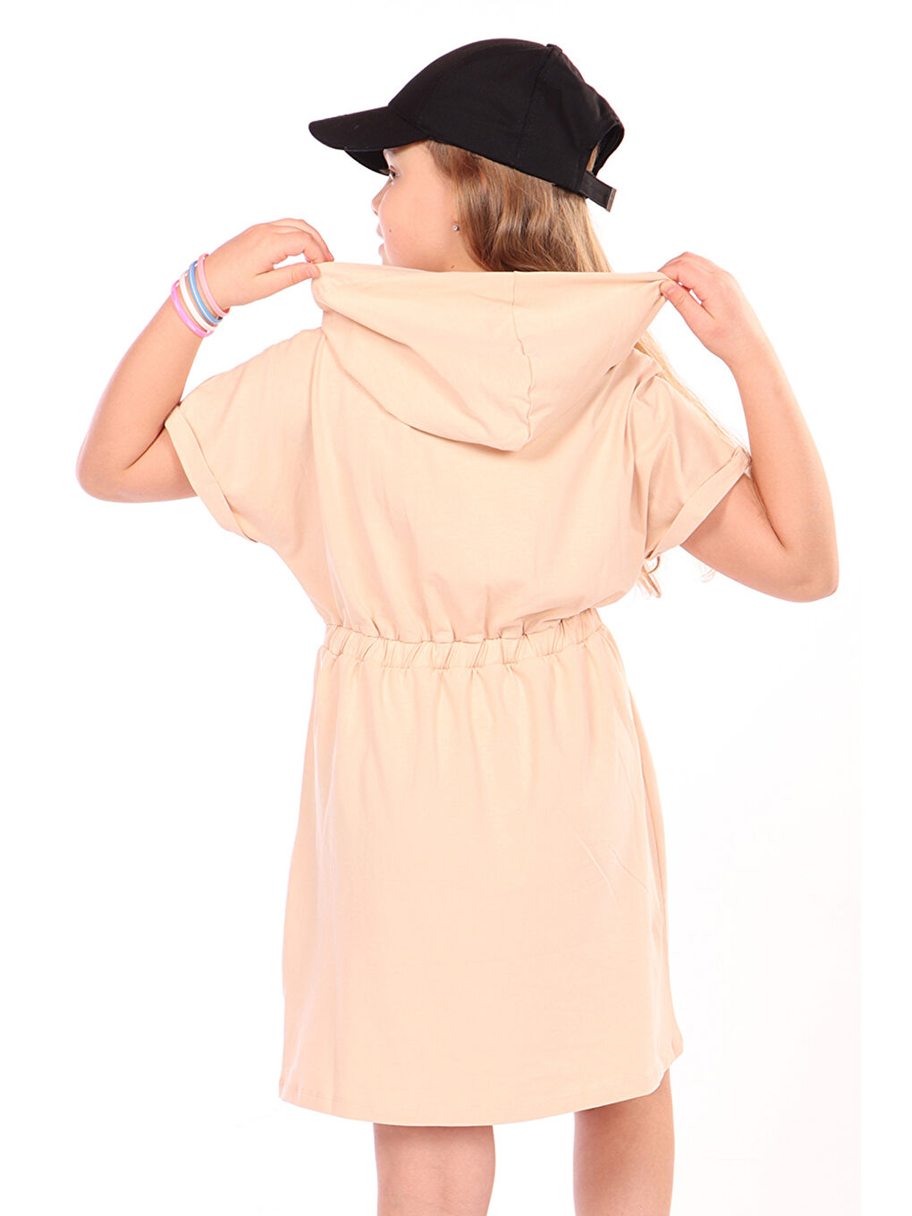 Bej Kız Çocuk Beli Lastikli Önü Çıtçıtlı Kapüşonlu Elbise-1