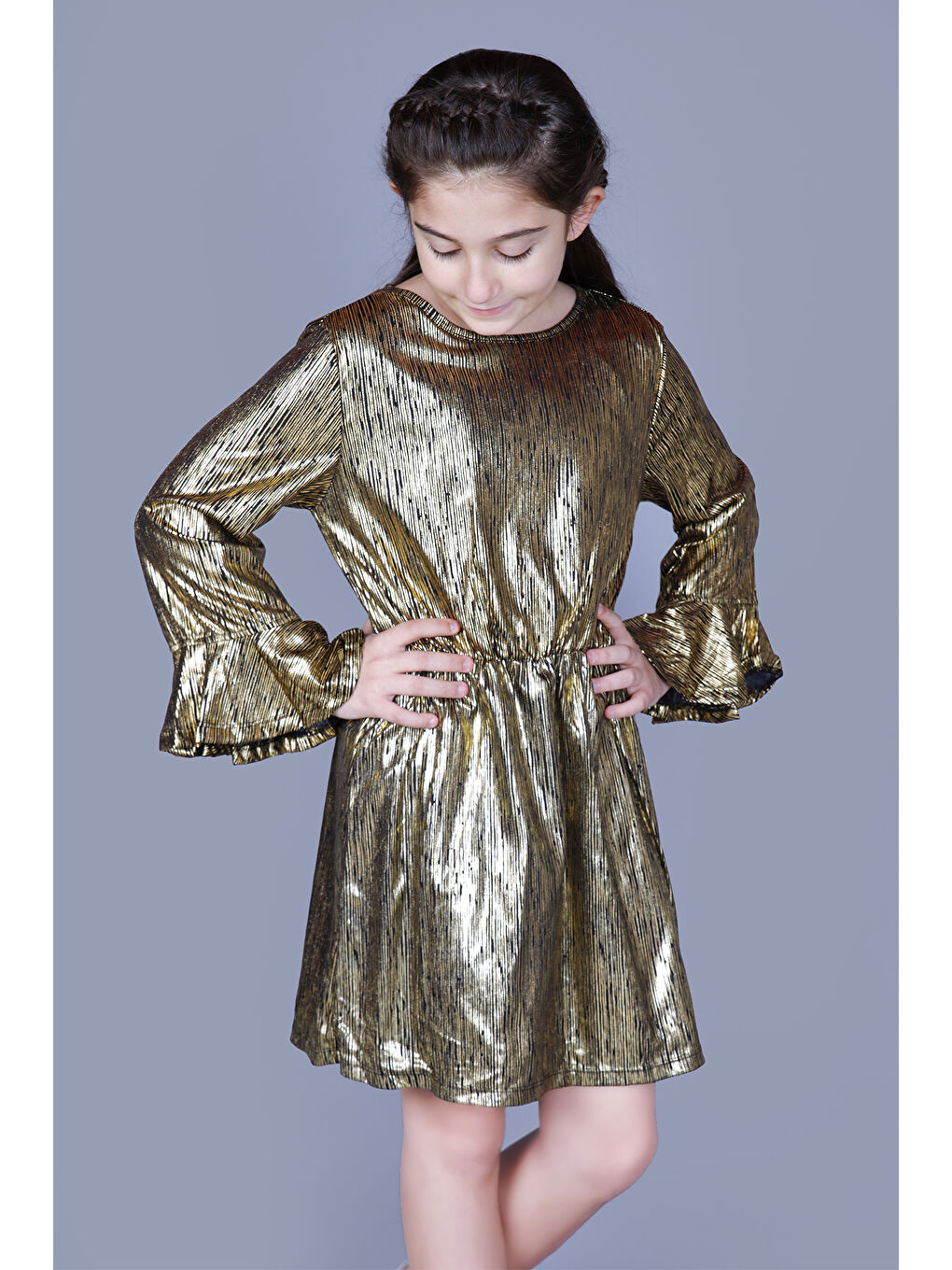 Sarı Kız Çocuk Kol Ucu Volanlı Elbise-2