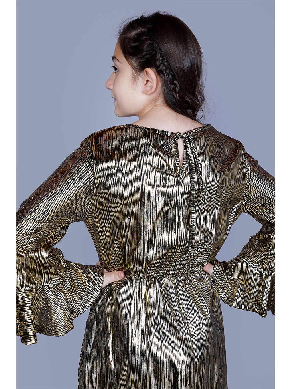 Sarı Kız Çocuk Kol Ucu Volanlı Elbise-3