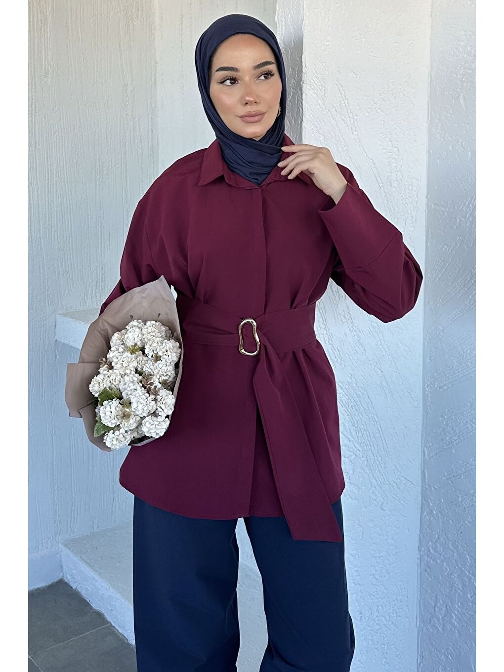 Mürdüm Bel Kuşaklı Tesettür Tunik-2