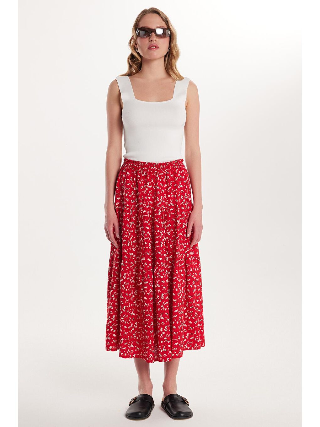 Karışık Kadın Standart Fit Beli Lastikli Pileli Baskılı Viskon Etek-2