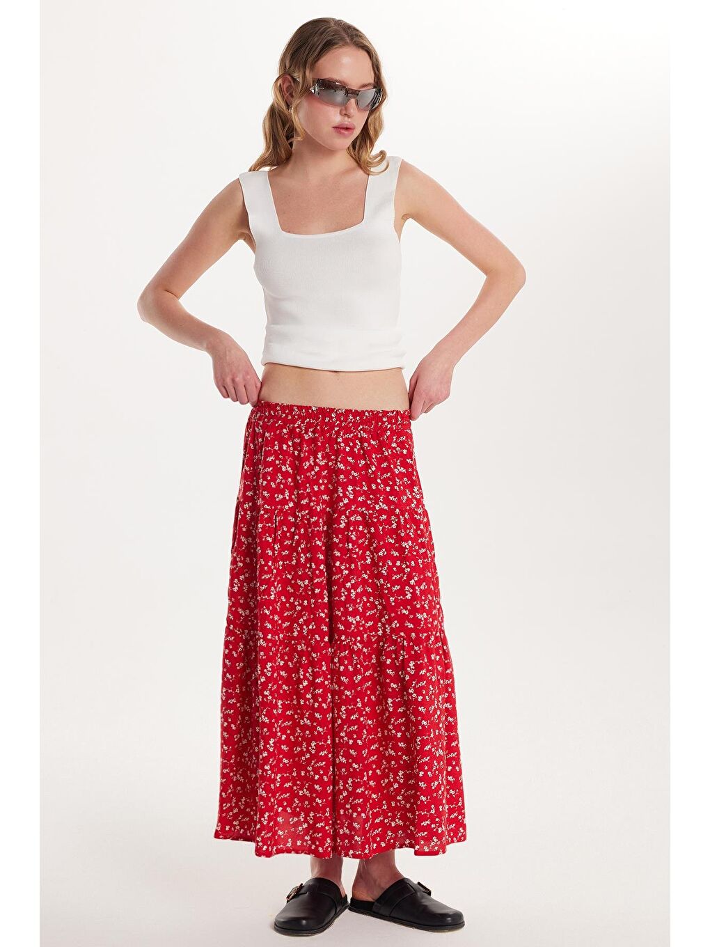 Karışık Kadın Standart Fit Beli Lastikli Pileli Baskılı Viskon Etek-3