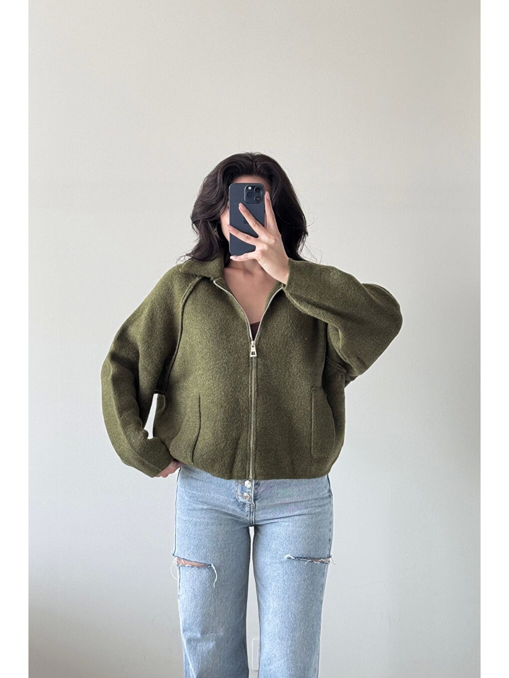 Kadın Haki Fermuarlı Oversize Hırka 1014-2381-1