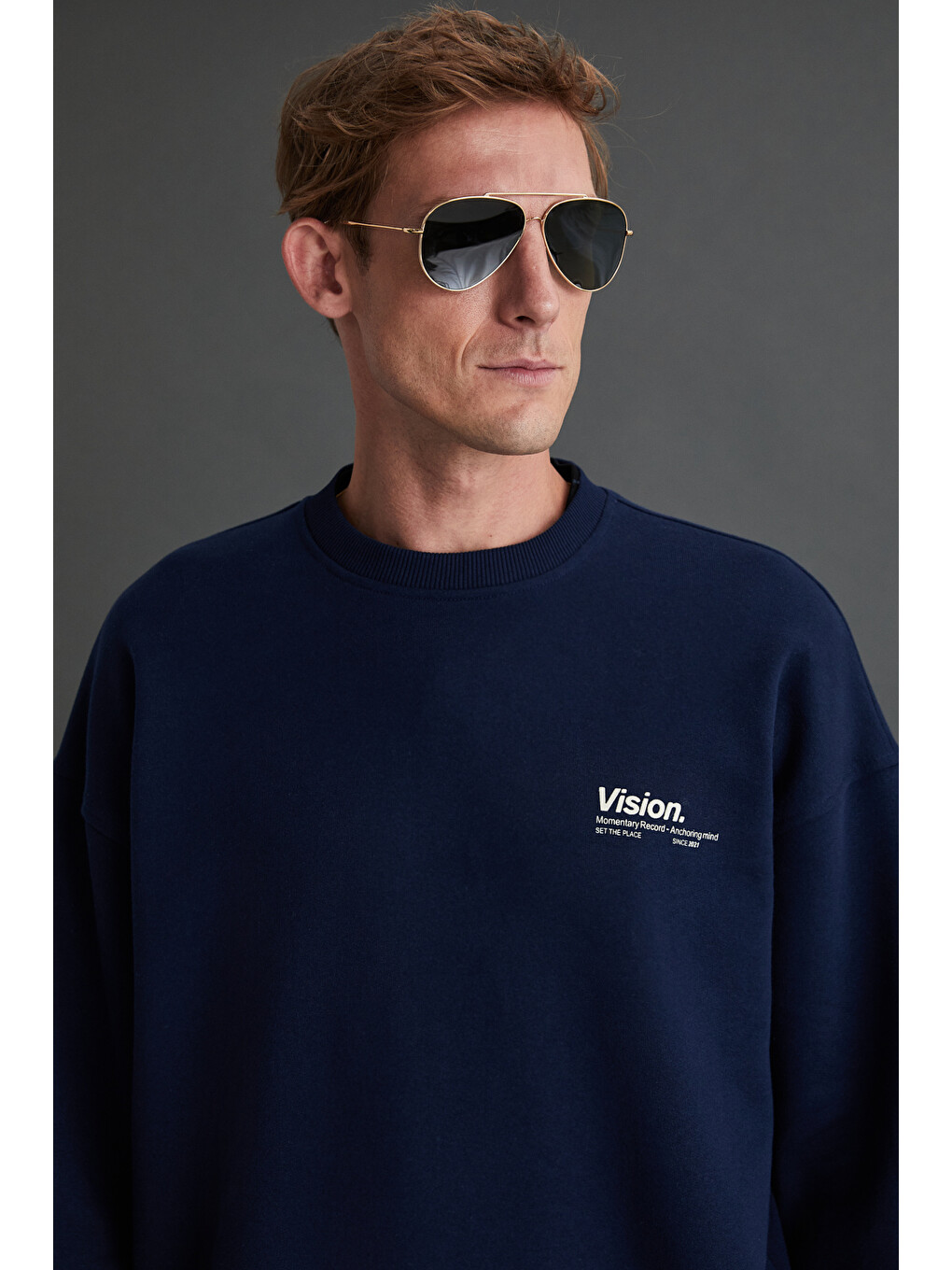 Lacivert Ernest Erkek Organik Pamuklu Yumuşacık Baskı Detaylı Bisiklet Yaka İçi Polarlı LACİVERT Sweatshirt-3