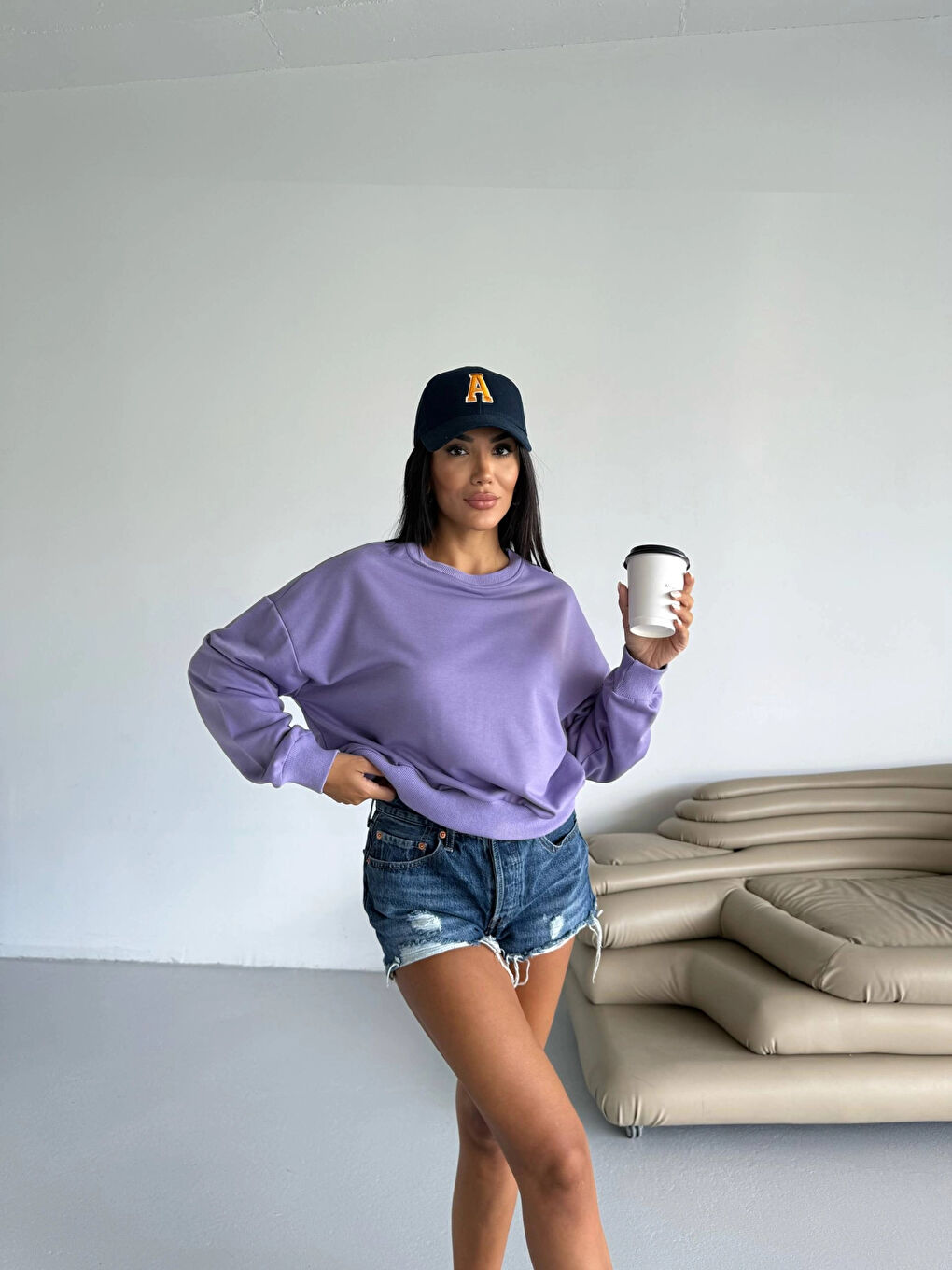 Kadın Lila Bisiklet Yaka 2 İplik Sweatshirt HZL25W-FRY123391