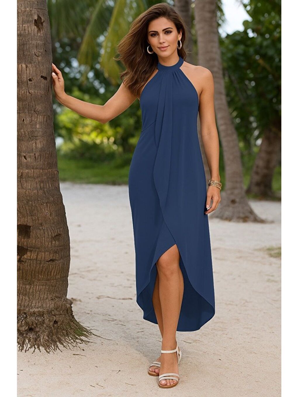 Mavi Kadın Omuzlardan Açık Boyundan Geçmeli Asimetrik Kesim Detaylı Viskon Elbise