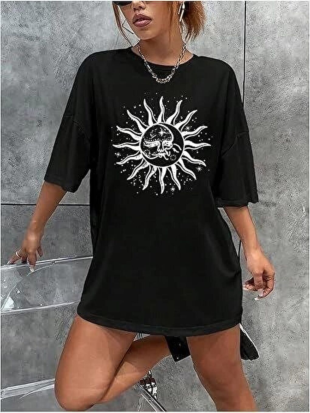 Bisiklet Yaka Baskılı T-shirt - Siyah-1