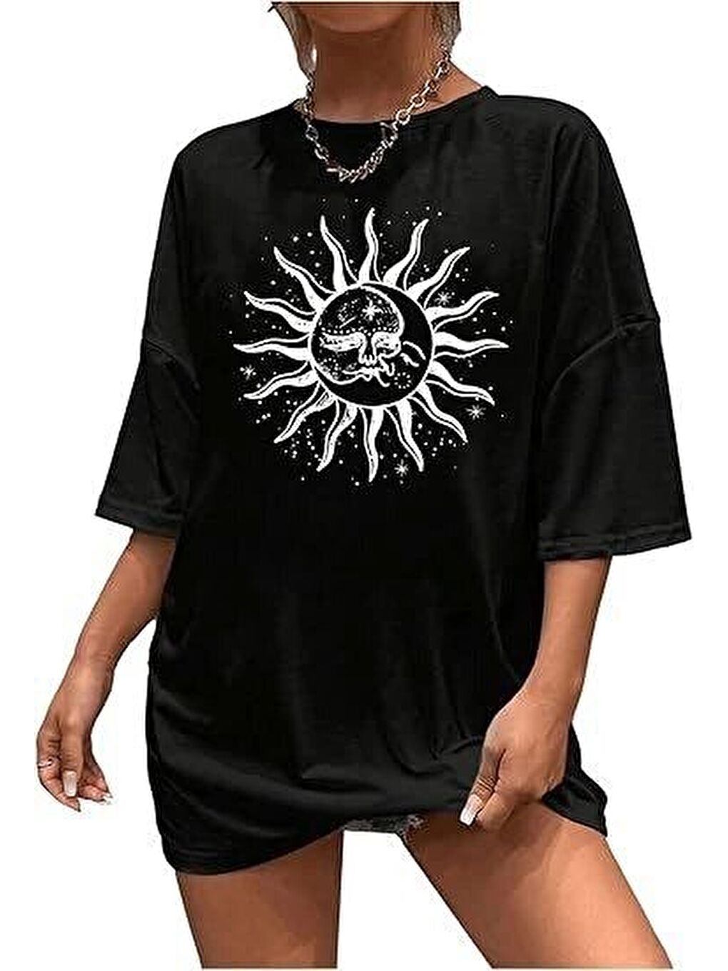 Bisiklet Yaka Baskılı T-shirt - Siyah-2