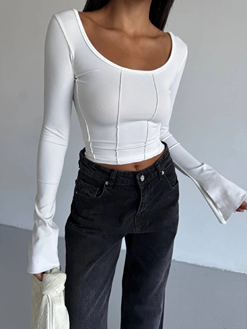 Kadın Beyaz Uzun Kollu Arkası Bağlamalı Fit Kesim Crop Bluz HZL25W-FRY122771-1