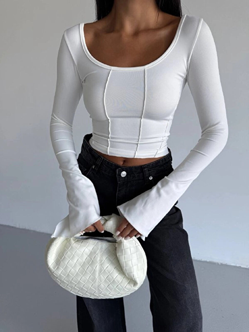 Kadın Beyaz Uzun Kollu Arkası Bağlamalı Fit Kesim Crop Bluz HZL25W-FRY122771-2