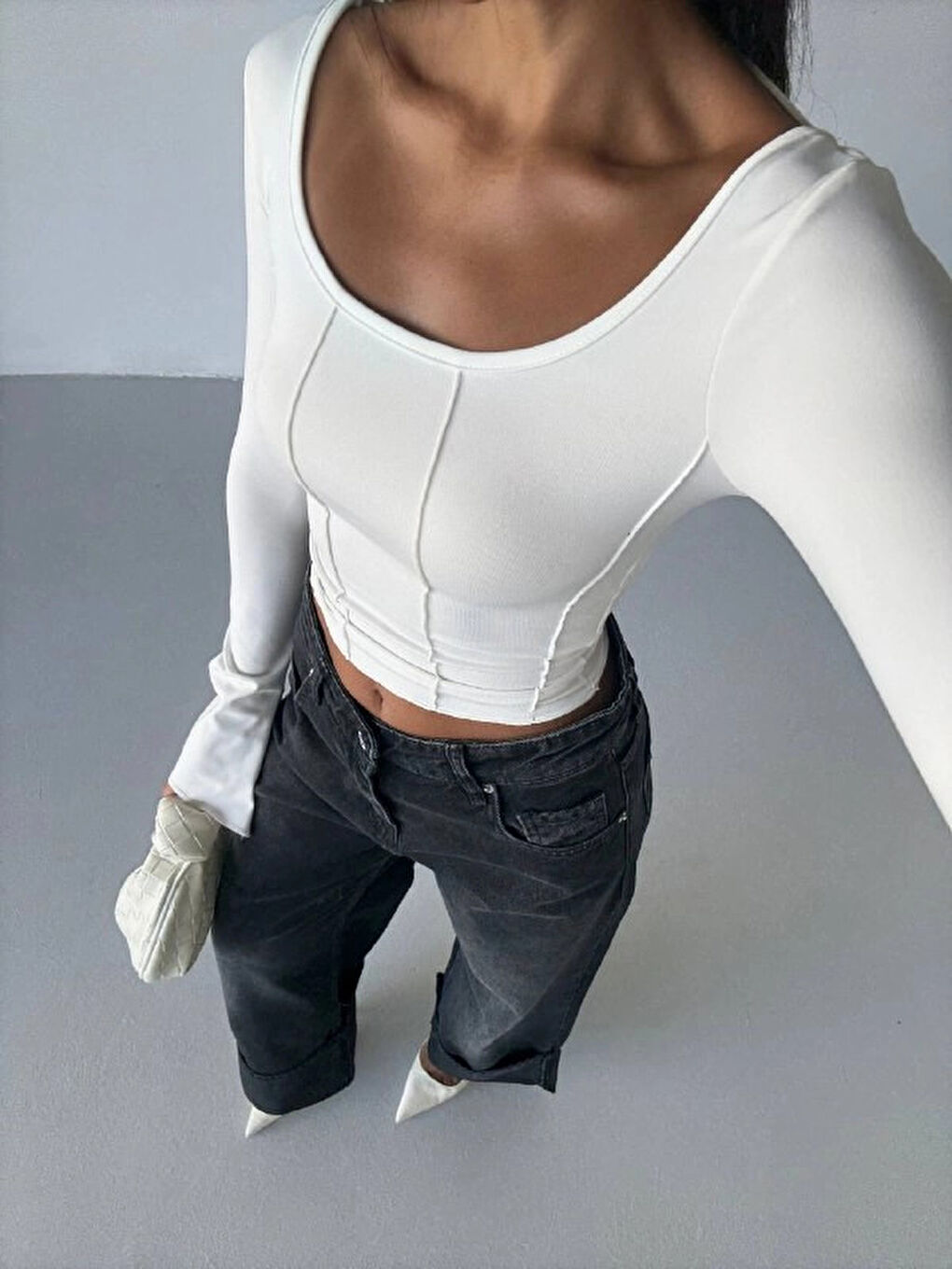 Kadın Beyaz Uzun Kollu Arkası Bağlamalı Fit Kesim Crop Bluz HZL25W-FRY122771-3