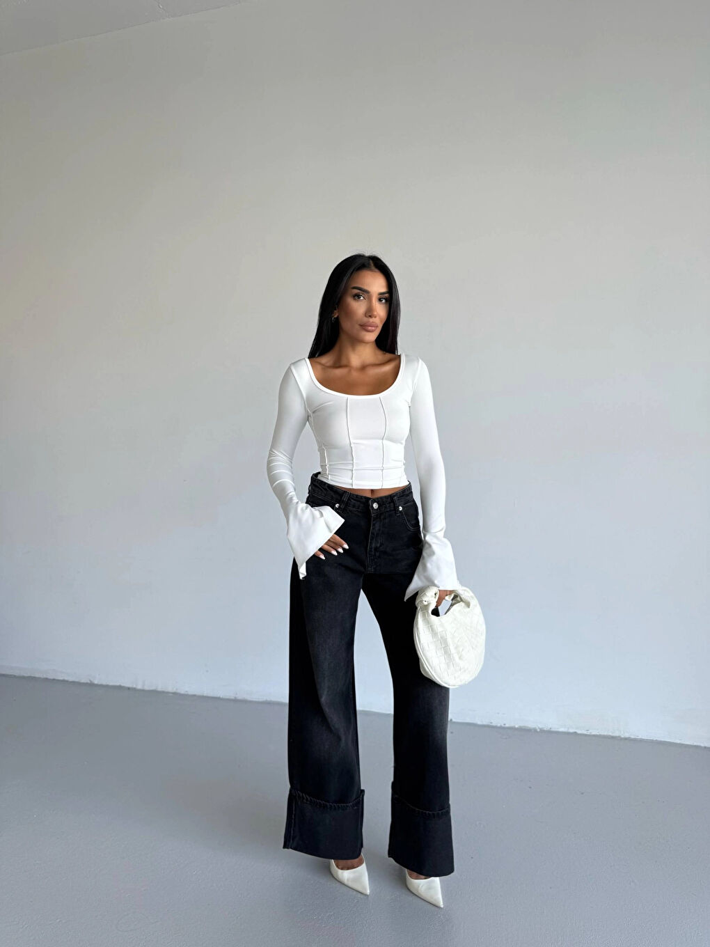 Kadın Beyaz Uzun Kollu Arkası Bağlamalı Fit Kesim Crop Bluz HZL25W-FRY122771-4