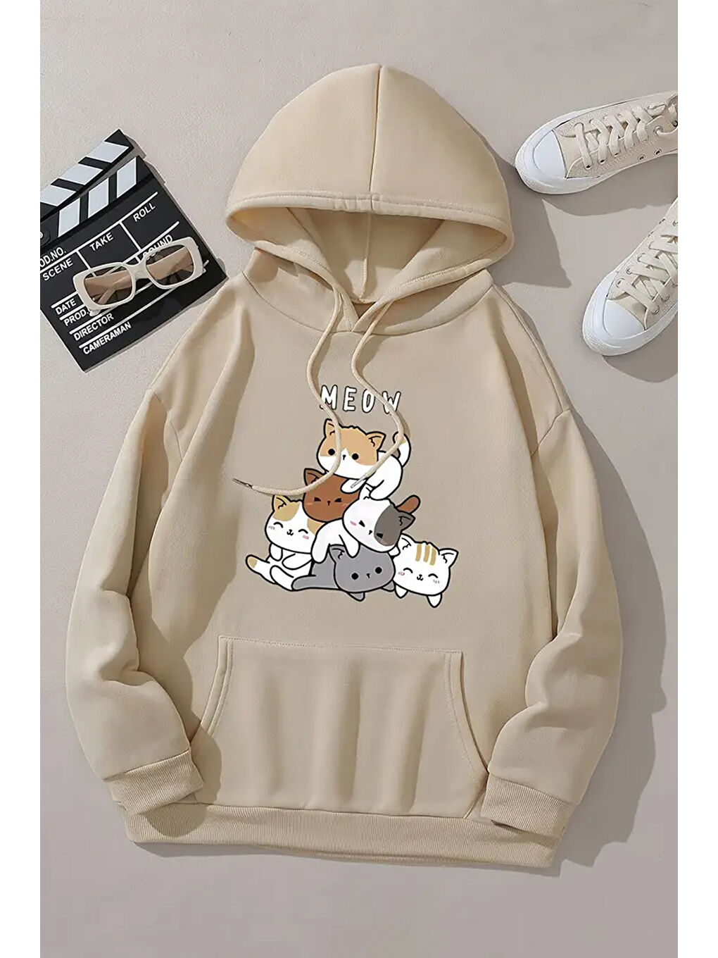 uyguntarz Bej Meow Tatlı Kediler Baskılı Oversize Sweatshirt