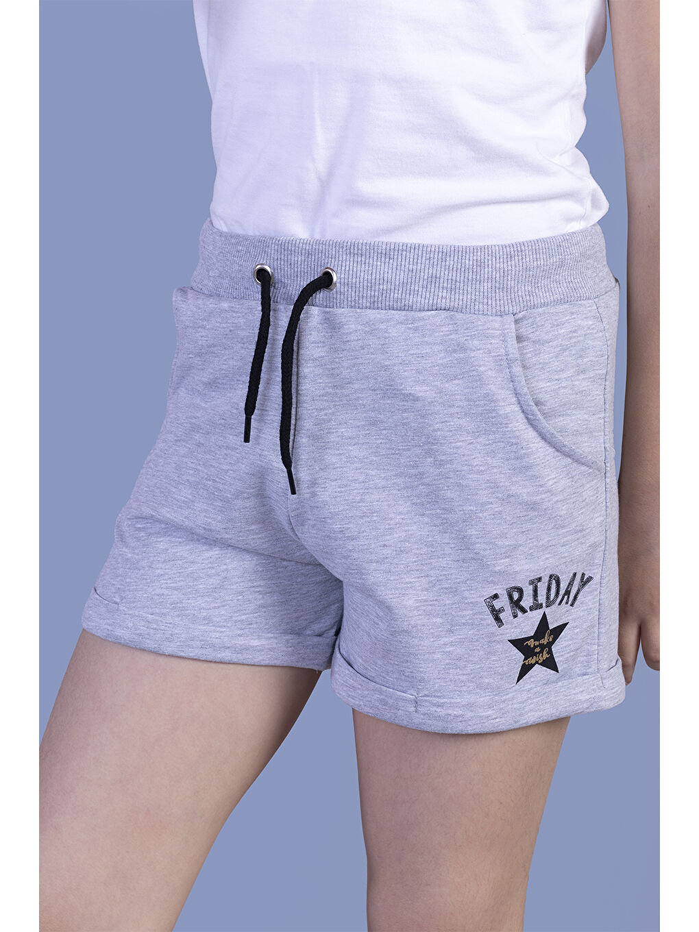 Gri Kız Çocuk İki Yanı Cepli Baskılı Şort-2