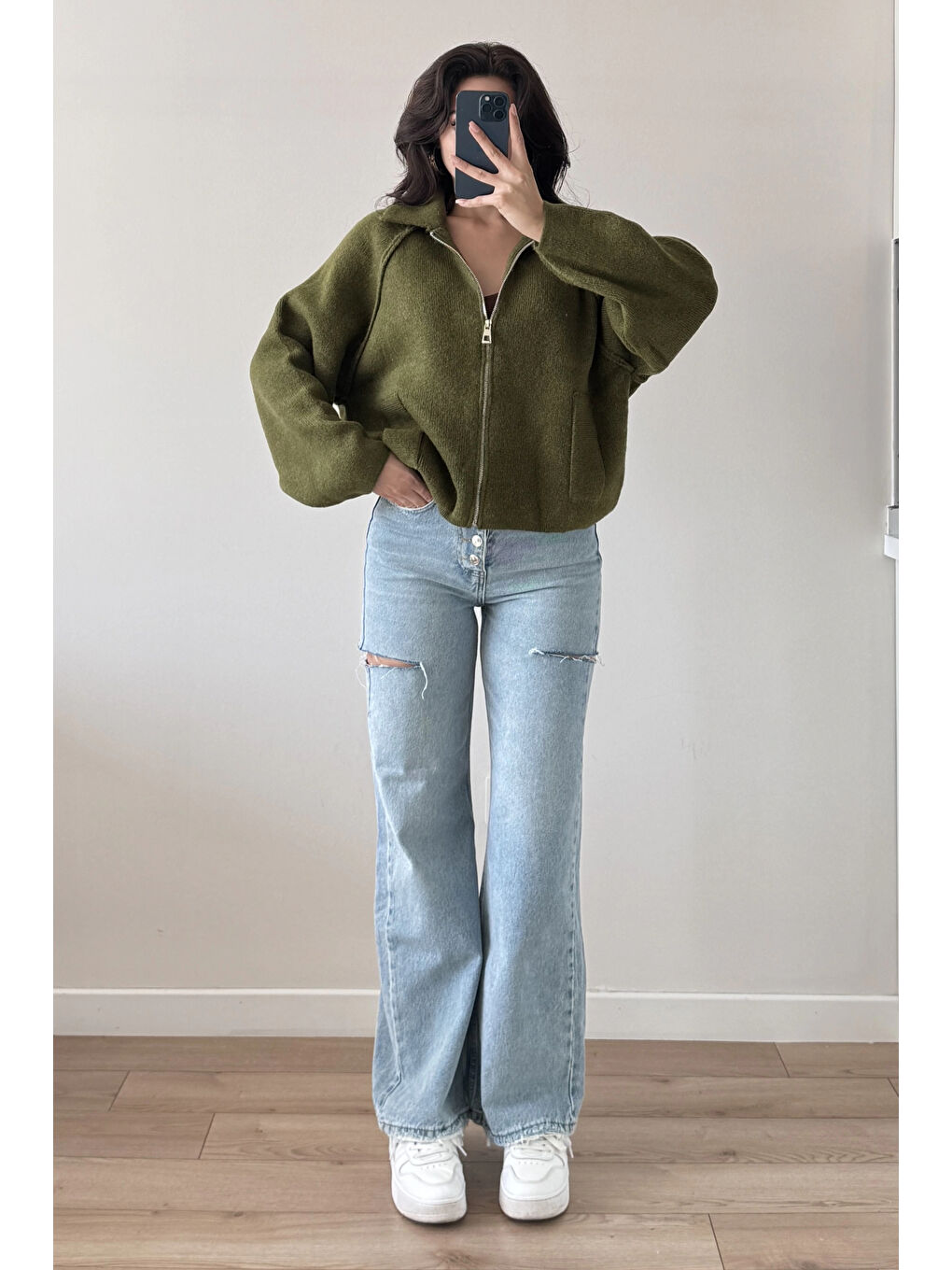 Kadın Haki Fermuarlı Oversize Hırka 1014-2381-2