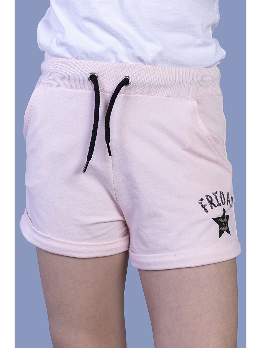 Pembe Kız Çocuk İki Yanı Cepli Baskılı Şort