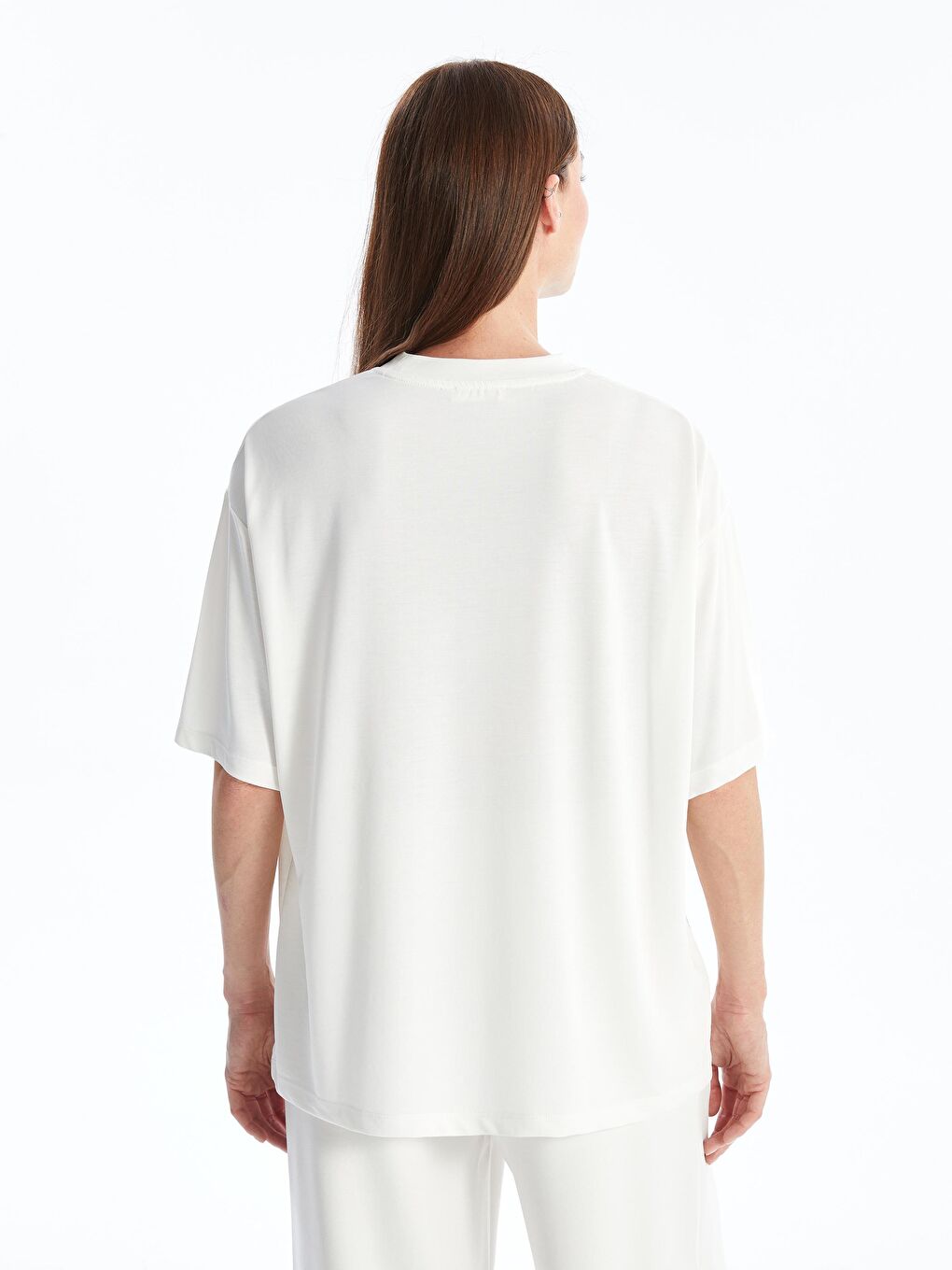 Dexia Ekru Pau - Modal  Kumaş Düz Oversize Tshirt- Ekru - 4