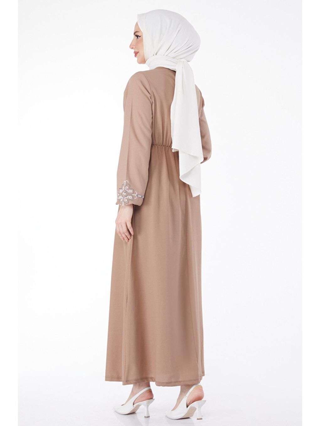 Bej Bisiklet Yaka Kadın Vizon Uzun Kollu Nakışlı Elbise - 13124-4