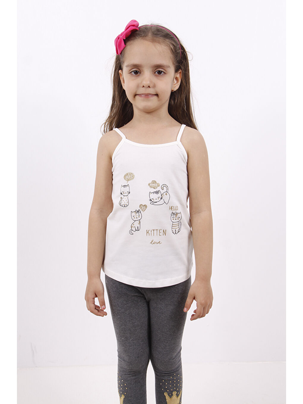 Ekru Kız Çocuk Kedi Baskılı Atlet