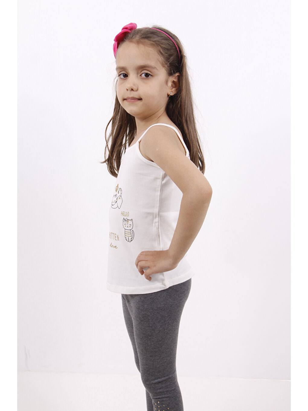 Ekru Kız Çocuk Kedi Baskılı Atlet-1