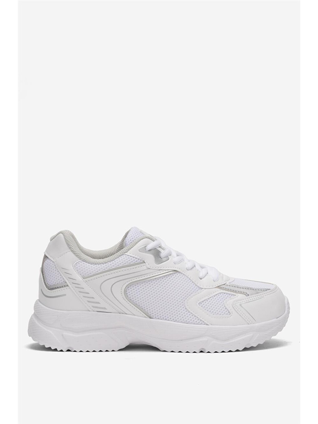 Unisex Faylon Taban Bağcıklı Spor Ayakkabı Beyaz Gümüş