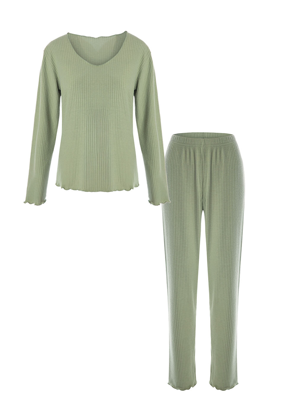 Yeşil Kadın Yumuşak Dokulu Fitilli Süs Dikişli Soft Touch Pijama Takımı
