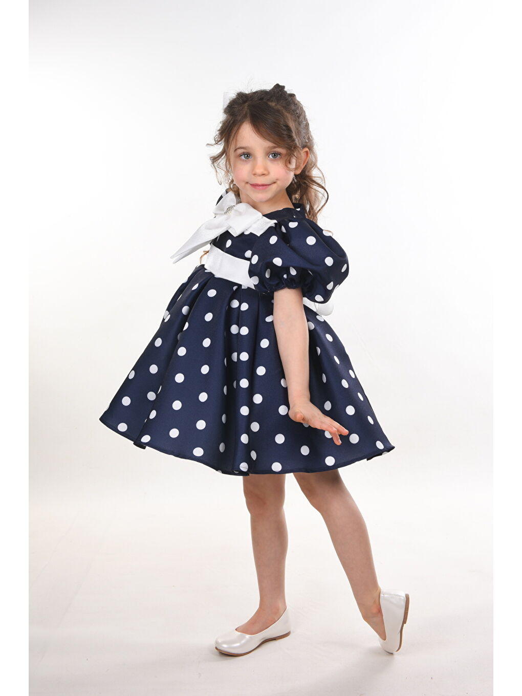 Lacivert Özel Tasarım Kız Çocuk Elbisesi, Doğum Günü Elbisesi, Mezuniyet Elbisesi, Puantiyeli, Fiyonk Detaylı-1