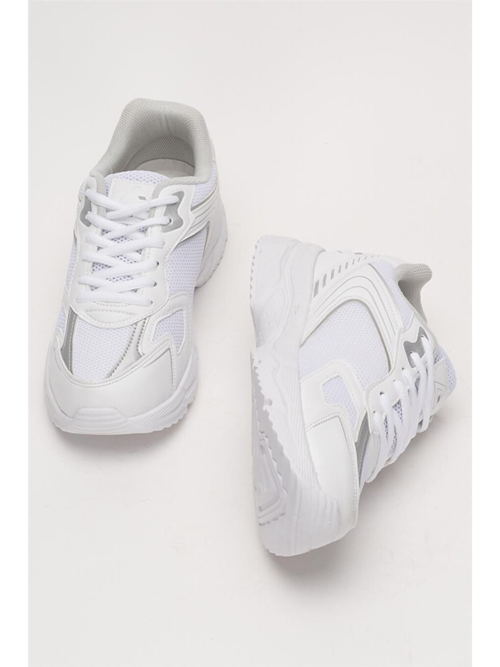 Unisex Faylon Taban Bağcıklı Spor Ayakkabı Beyaz Gümüş-6