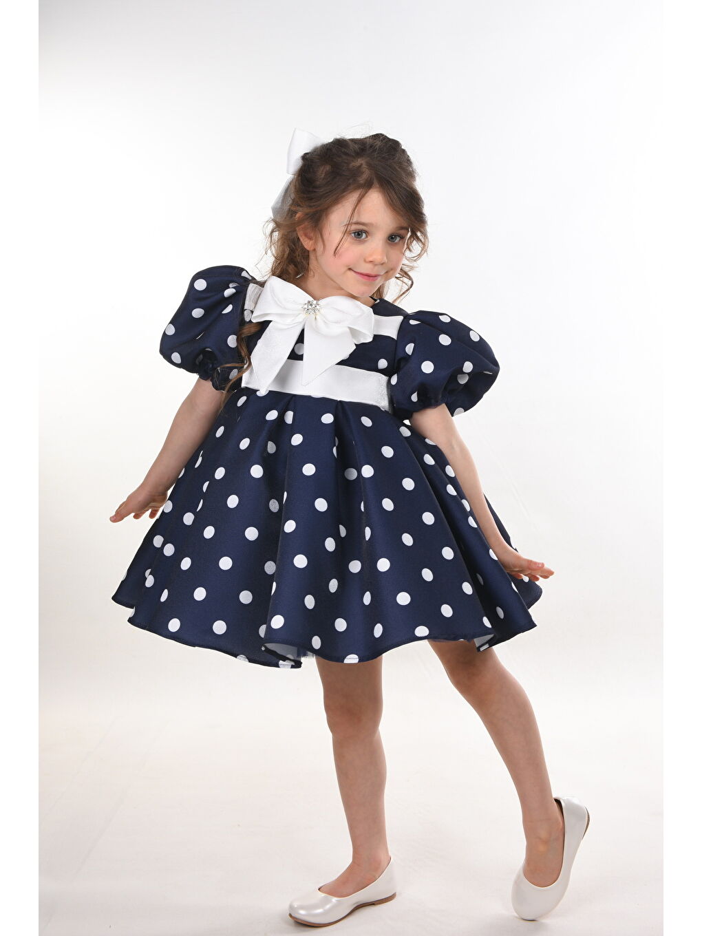 Lacivert Özel Tasarım Kız Çocuk Elbisesi, Doğum Günü Elbisesi, Mezuniyet Elbisesi, Puantiyeli, Fiyonk Detaylı-2
