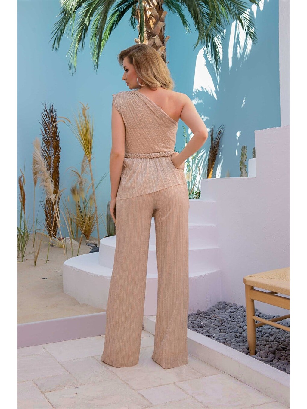 Sarı Gold Örme Tek Omuz Tulum-5