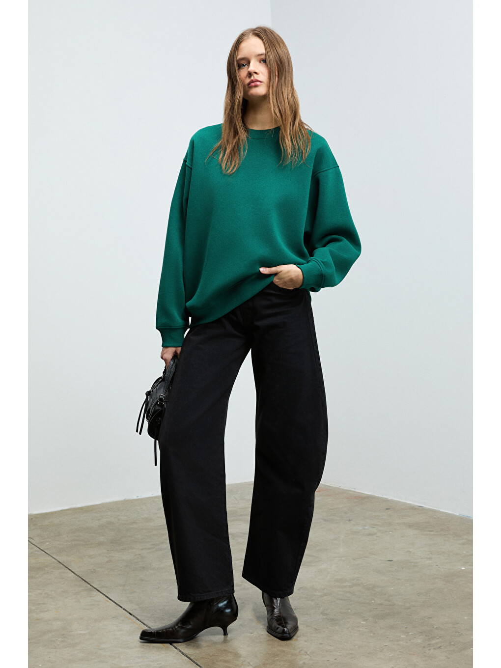 Karıus Kadın Organik Pamuklu İçi Polarlı Oversize Yuvarlak Yakalı Koyu Yeşil Sweatshirt-4
