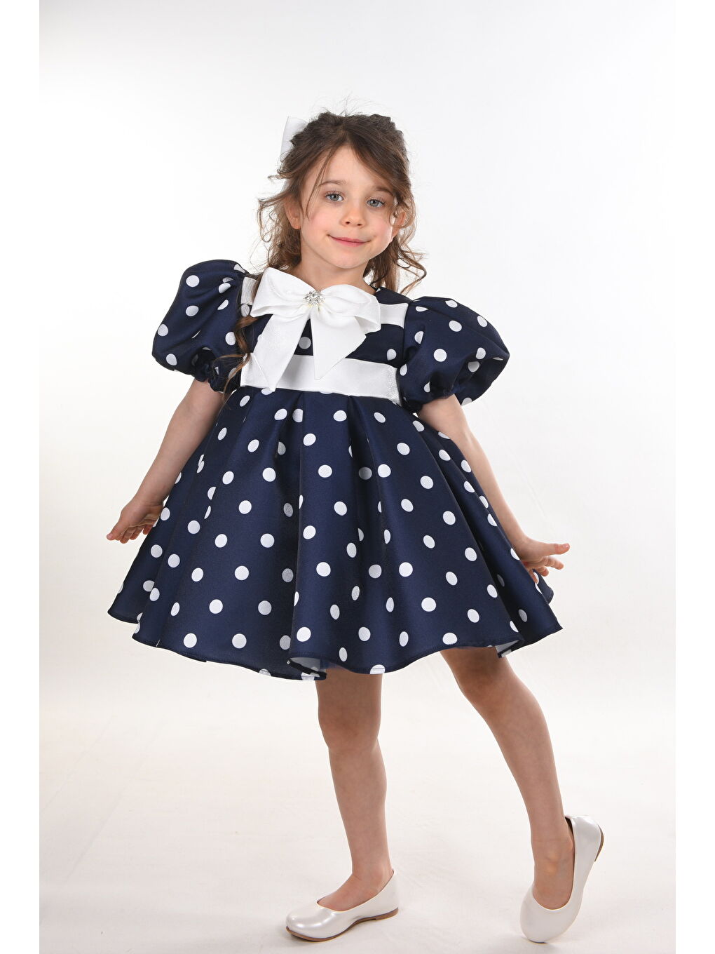 Lacivert Özel Tasarım Kız Çocuk Elbisesi, Doğum Günü Elbisesi, Mezuniyet Elbisesi, Puantiyeli, Fiyonk Detaylı-3