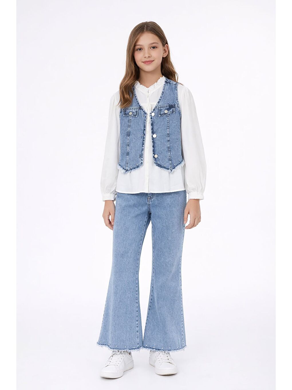 Mavi Püsküllü Jean Yelekli Fularlı Gömlekli Kız Çocuk 3lü Pantolonlu Takım 23767