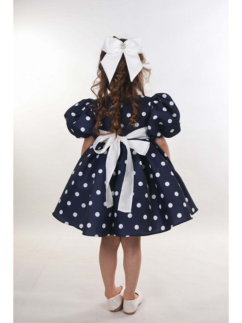 Lacivert Özel Tasarım Kız Çocuk Elbisesi, Doğum Günü Elbisesi, Mezuniyet Elbisesi, Puantiyeli, Fiyonk Detaylı-4