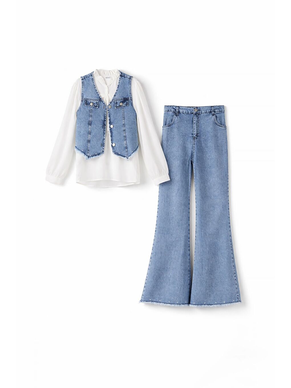 Mavi Püsküllü Jean Yelekli Fularlı Gömlekli Kız Çocuk 3lü Pantolonlu Takım 23767-4