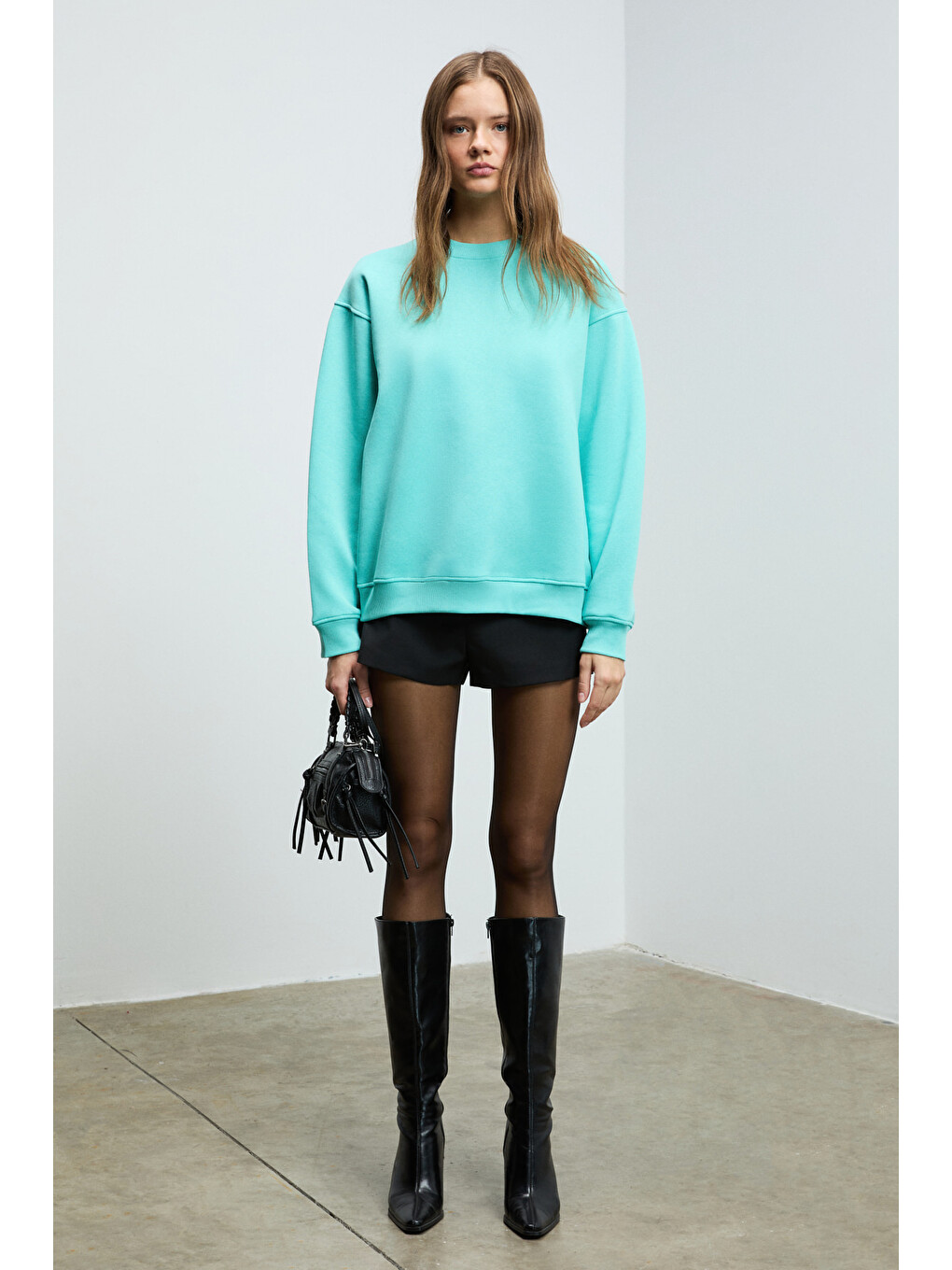 Karıus Kadın Organik Pamuklu İçi Polarlı Oversize Yuvarlak Yakalı Mavi Sweatshirt-5