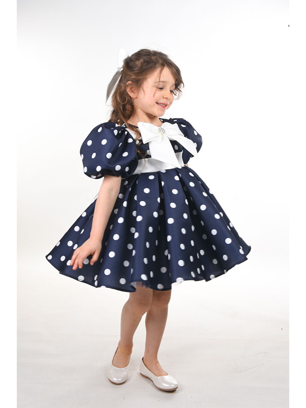 Lacivert Özel Tasarım Kız Çocuk Elbisesi, Doğum Günü Elbisesi, Mezuniyet Elbisesi, Puantiyeli, Fiyonk Detaylı-5