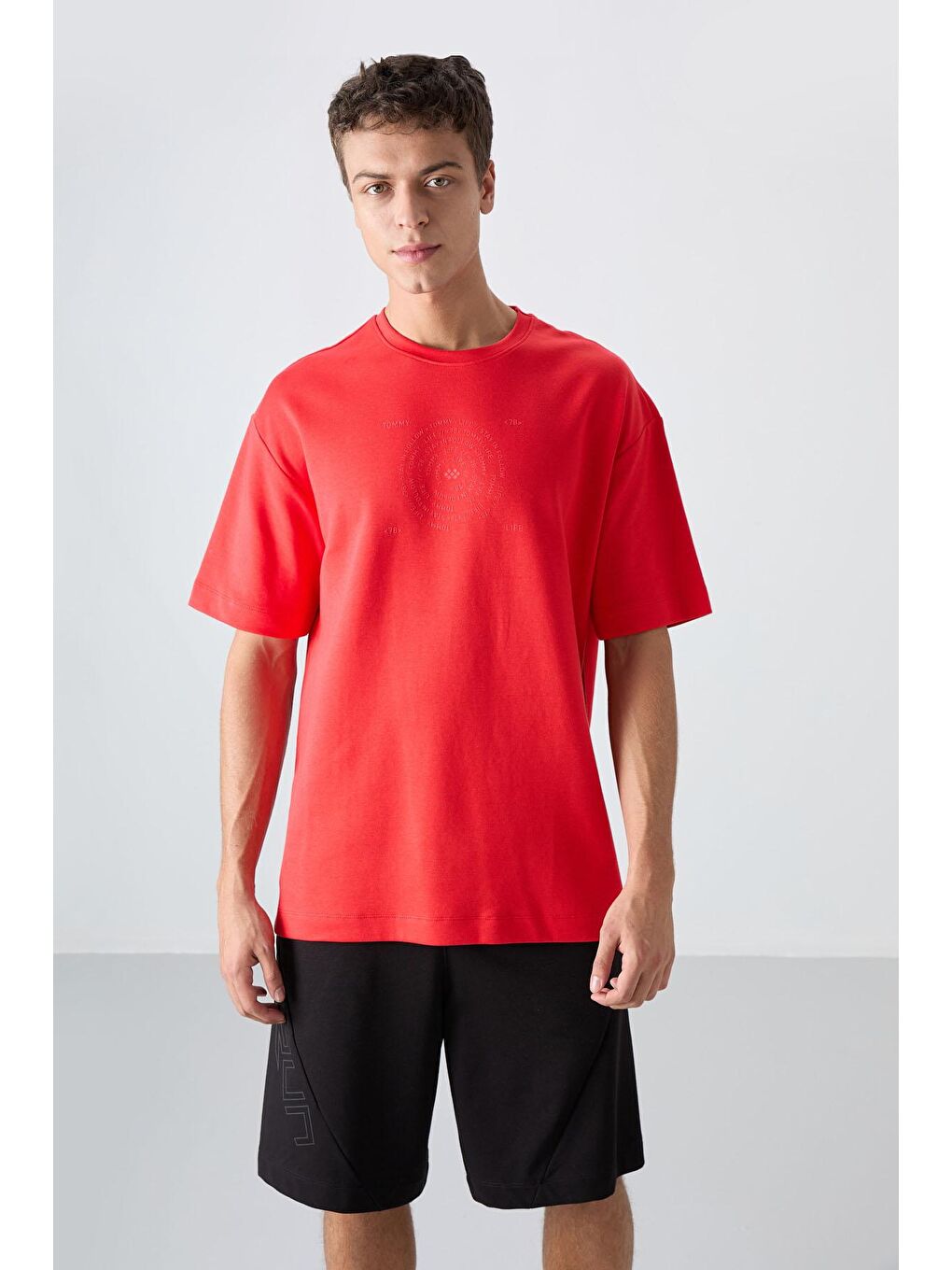 TOMMYLIFE Kırmızı Pamuklu Kalın Yumuşak Dokulu Oversize Fit Baskılı Erkek T-Shirt - 88324