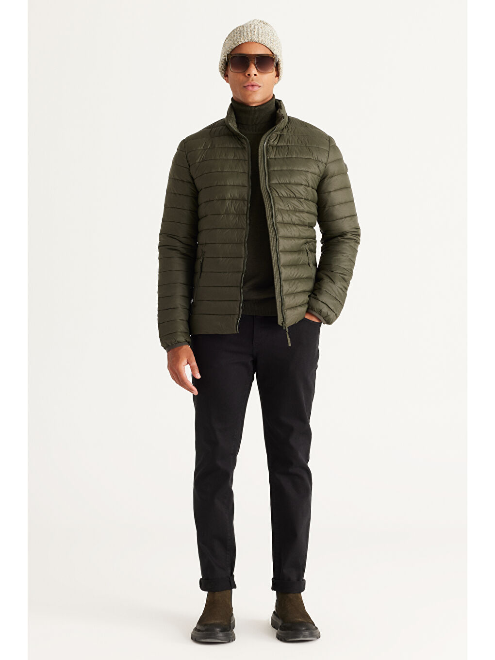 Erkek Haki Standart Fit Normal Kesim Dik Yaka Desenli Mont-4