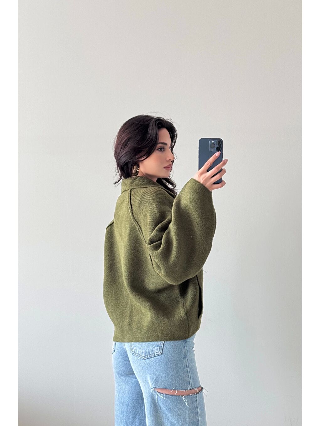 Kadın Haki Fermuarlı Oversize Hırka 1014-2381-3