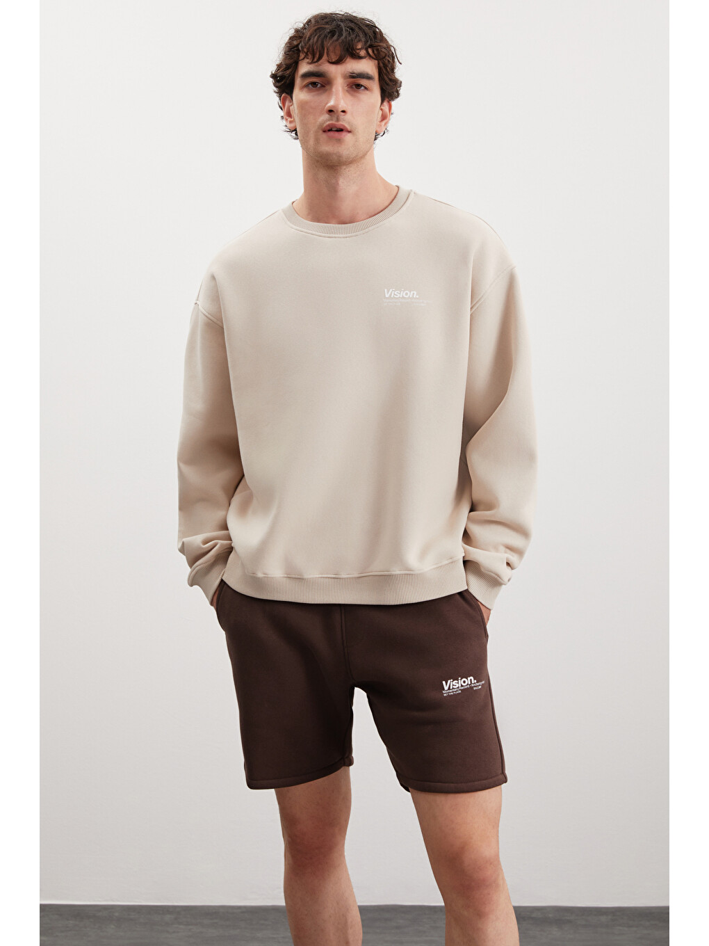 Bej Ernest Erkek Organik Pamuklu Yumuşacık Baskı Detaylı Bisiklet Yaka İçi Polarlı VİZON Sweatshirt