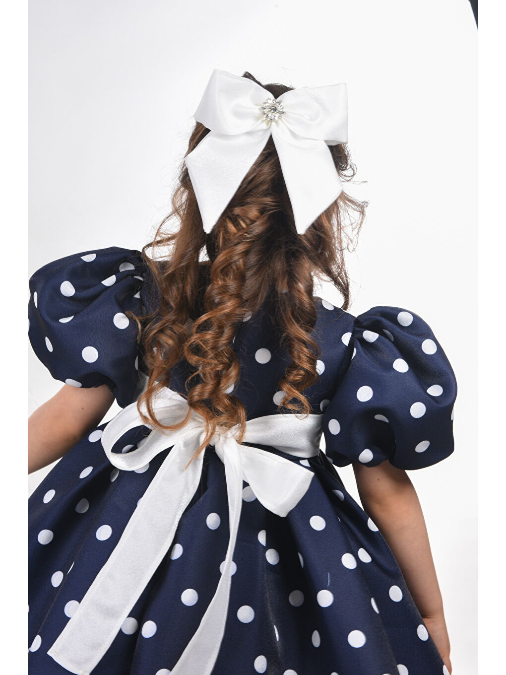 Lacivert Özel Tasarım Kız Çocuk Elbisesi, Doğum Günü Elbisesi, Mezuniyet Elbisesi, Puantiyeli, Fiyonk Detaylı-6