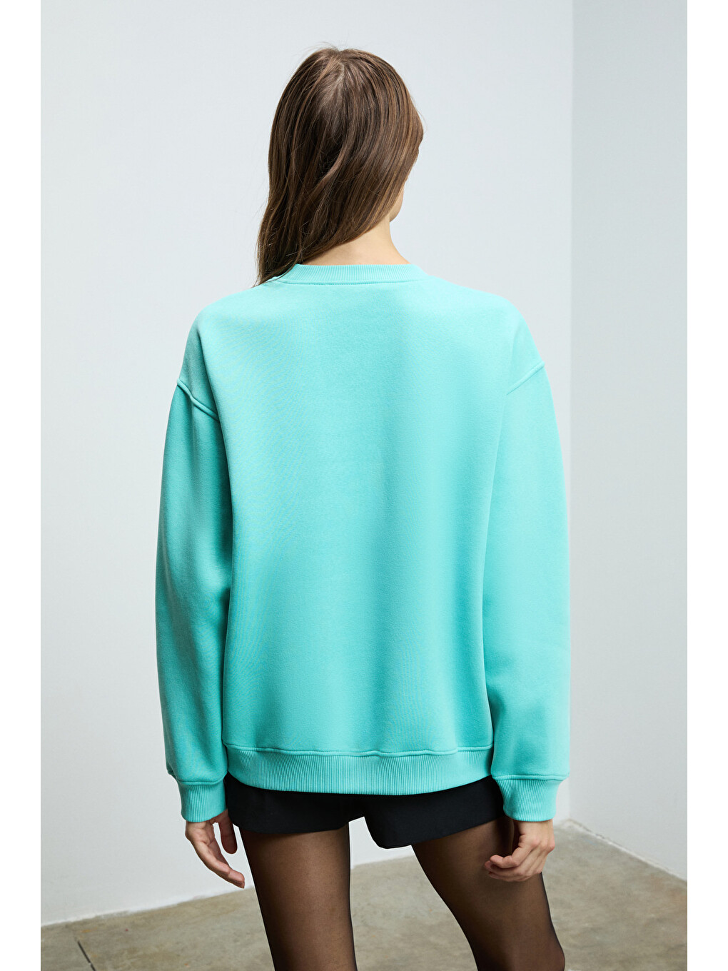 Karıus Kadın Organik Pamuklu İçi Polarlı Oversize Yuvarlak Yakalı Mavi Sweatshirt-6