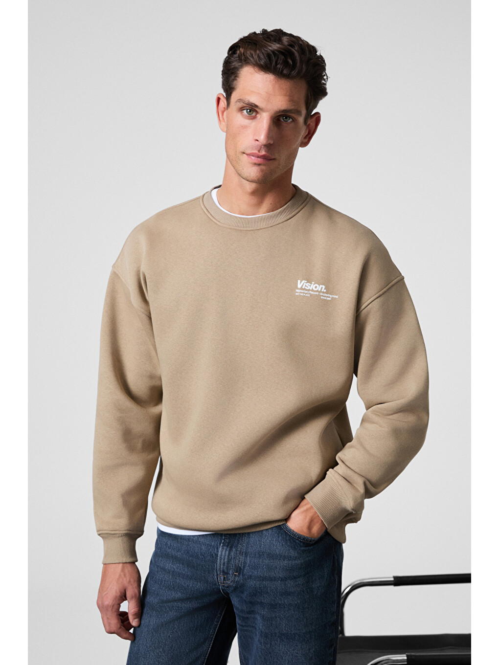 Bej Ernest Erkek Organik Pamuklu Yumuşacık Baskı Detaylı Bisiklet Yaka İçi Polarlı BEJ Sweatshirt