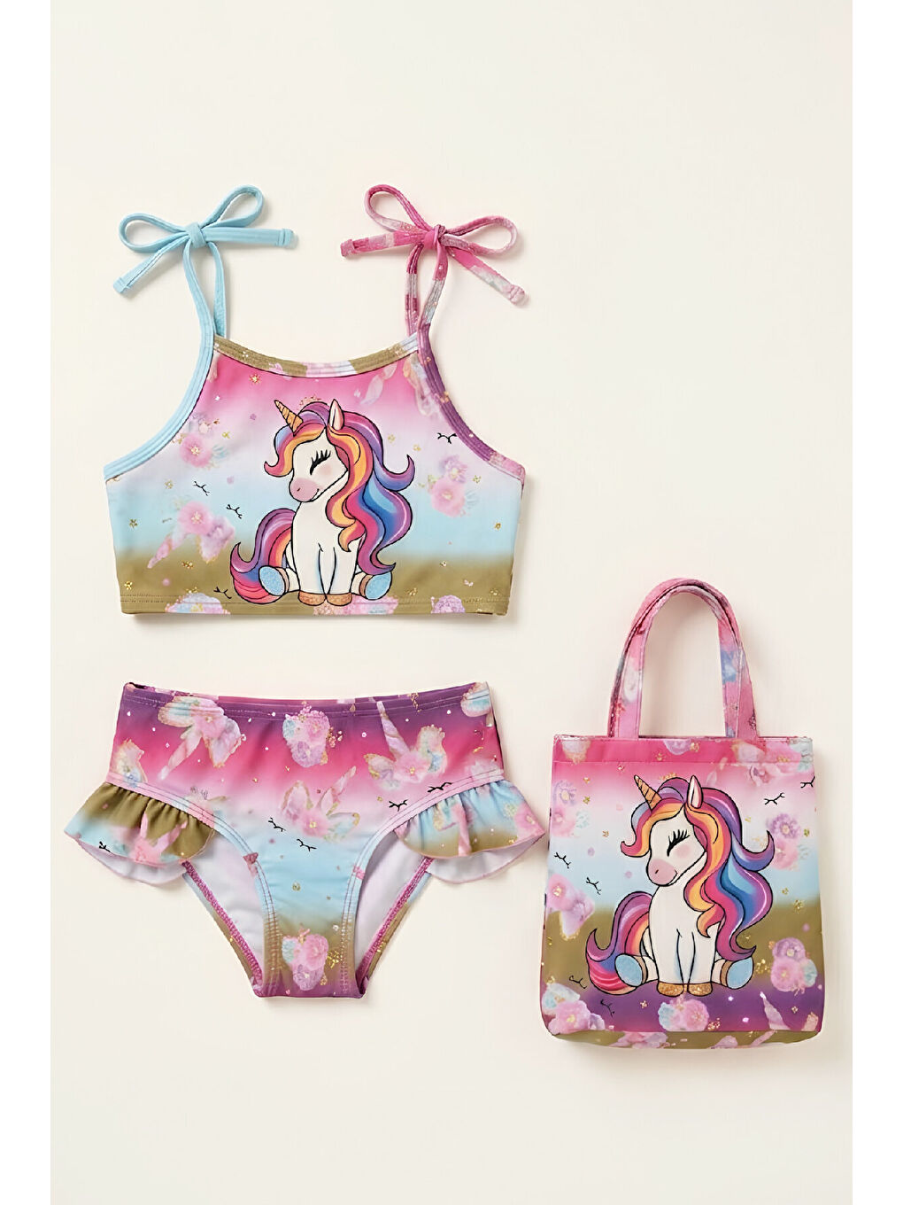 Pembe Kız Çocuk Çantalı 3'lü Mayo Takımı (Çanta+Mayo+Bikini) 3-10 Yaş 12649N