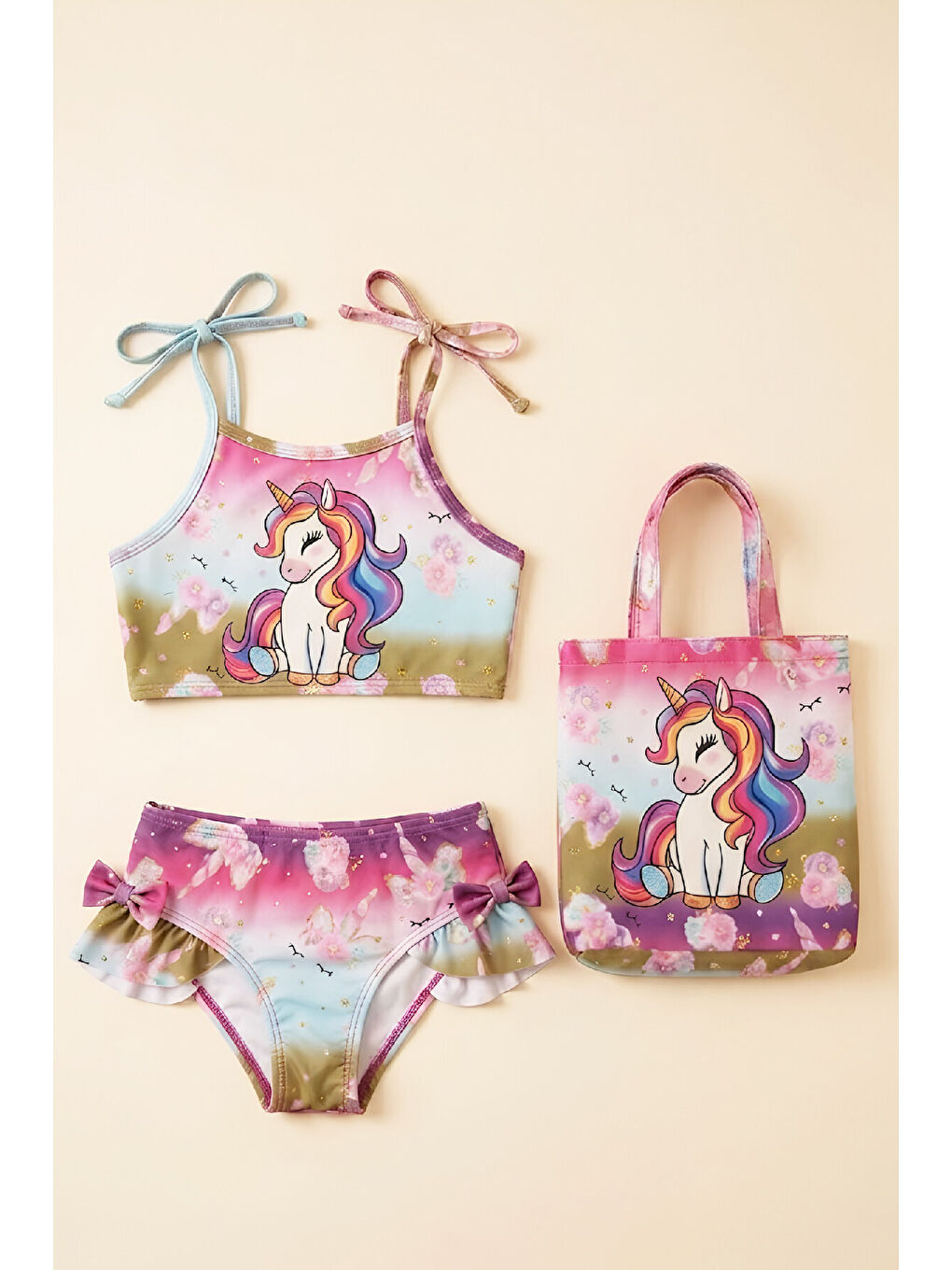 Pembe Kız Çocuk Çantalı 3'lü Mayo Takımı (Çanta+Mayo+Bikini) 3-10 Yaş 12649N-1