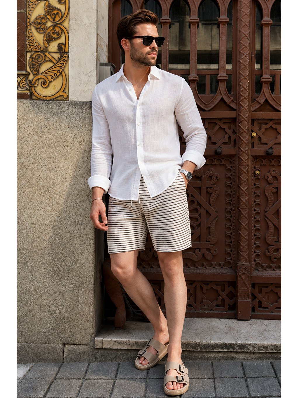 Kahverengi Çizgili Regular Fit Erkek Şort E6563